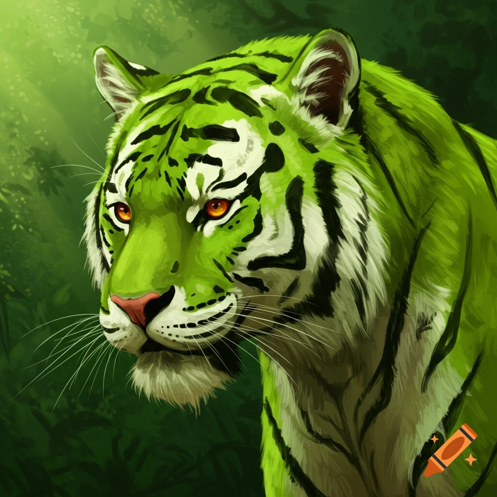 A stylized portrait of a green tiger in a forest.