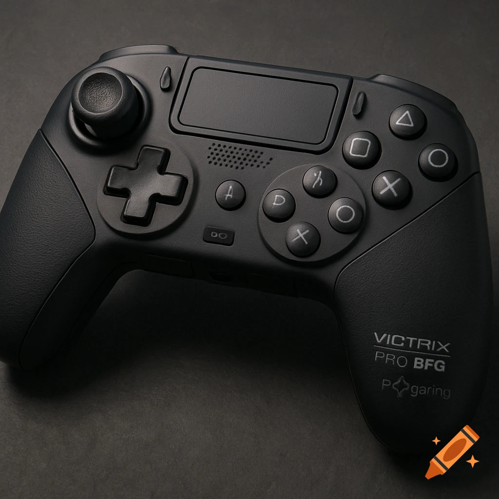 Close-up product shot of a black Victrix Pro BFG game controller on a dark surface.