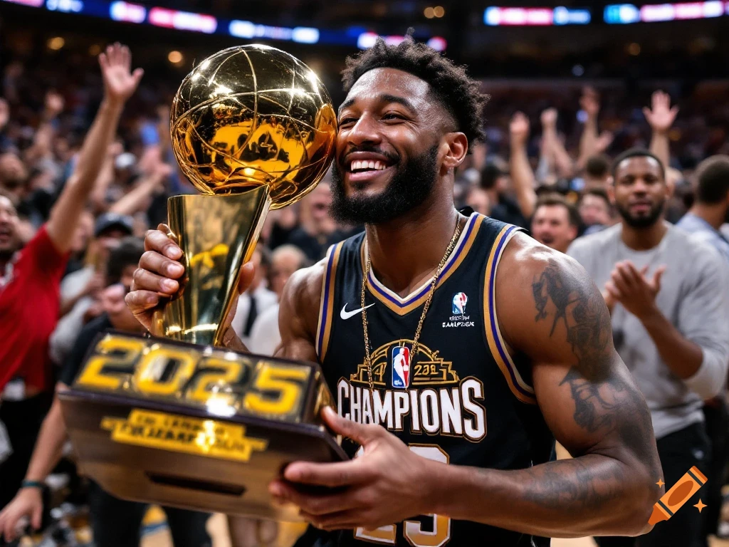 Man smiling and holding a golden basketball championship trophy in front of cheering fans