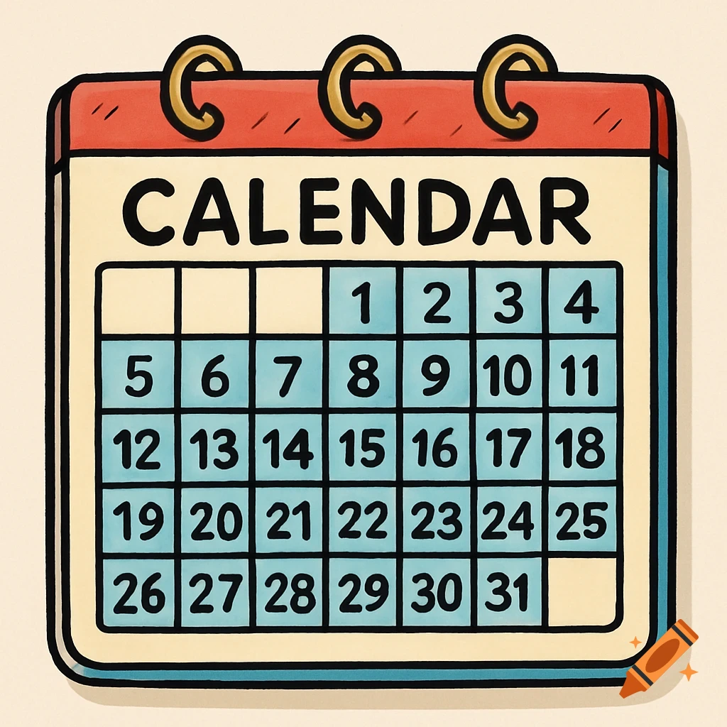 A cartoon illustration of a calendar with numbers.