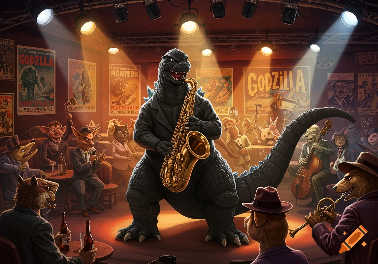 Godzilla in a suit playing a saxophone on stage with a jazz band of anthropomorphic animals in a club.