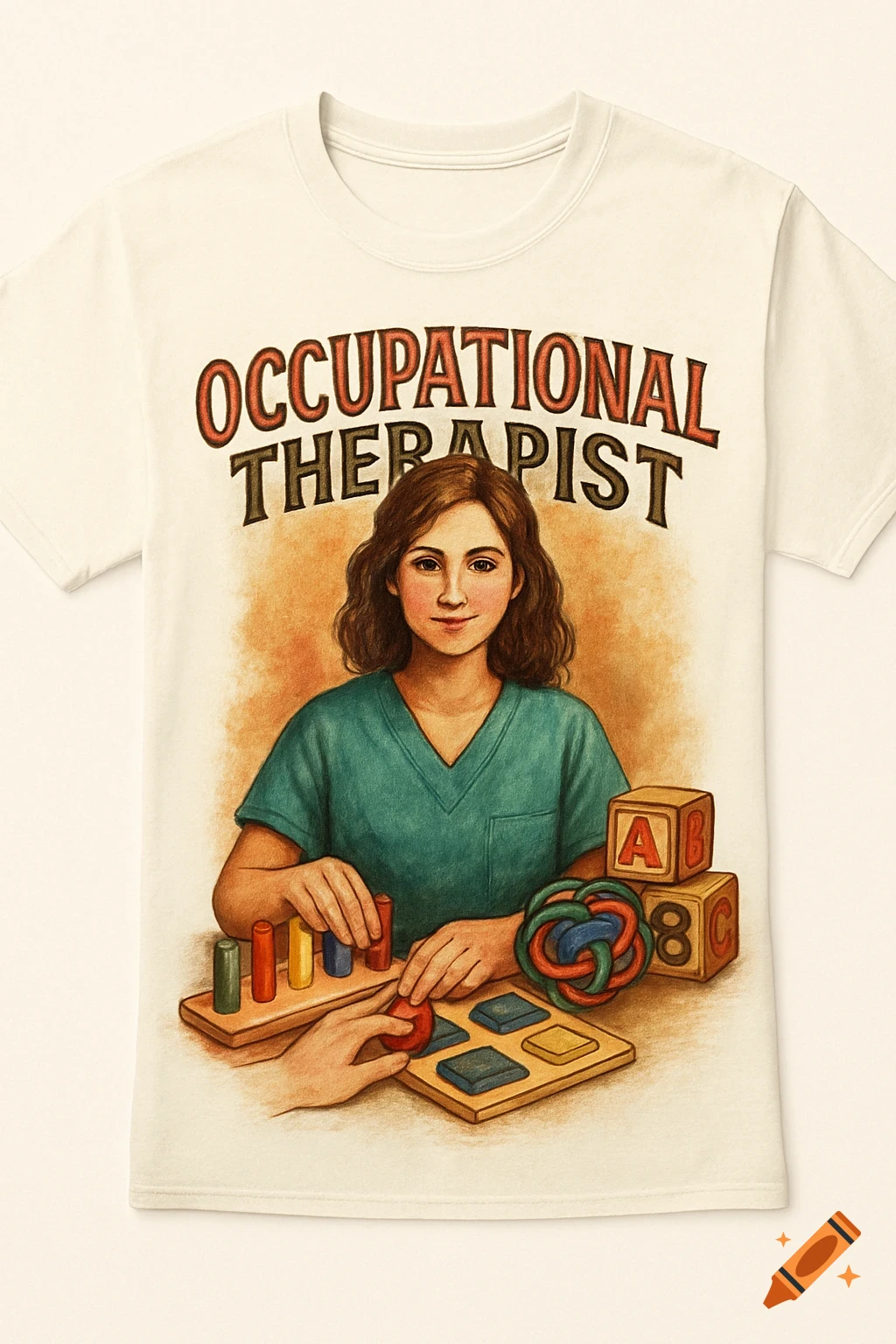 T-shirt design showing an occupational therapist working with educational toys in a colored pencil drawing style.