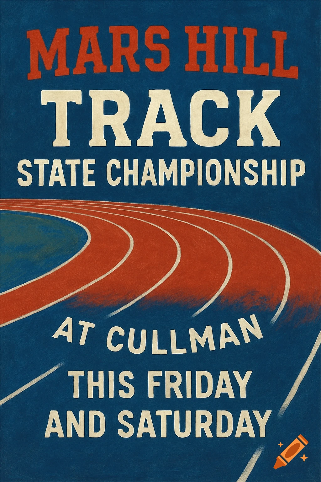 Red and blue poster for Mars Hill Track State Championship with track lines and text.