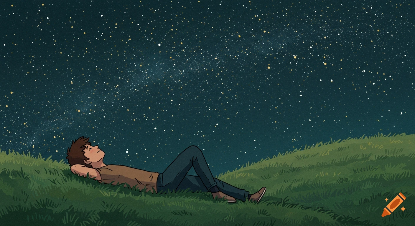 An illustration of a person lying on a grassy hill looking up at a starry night sky.