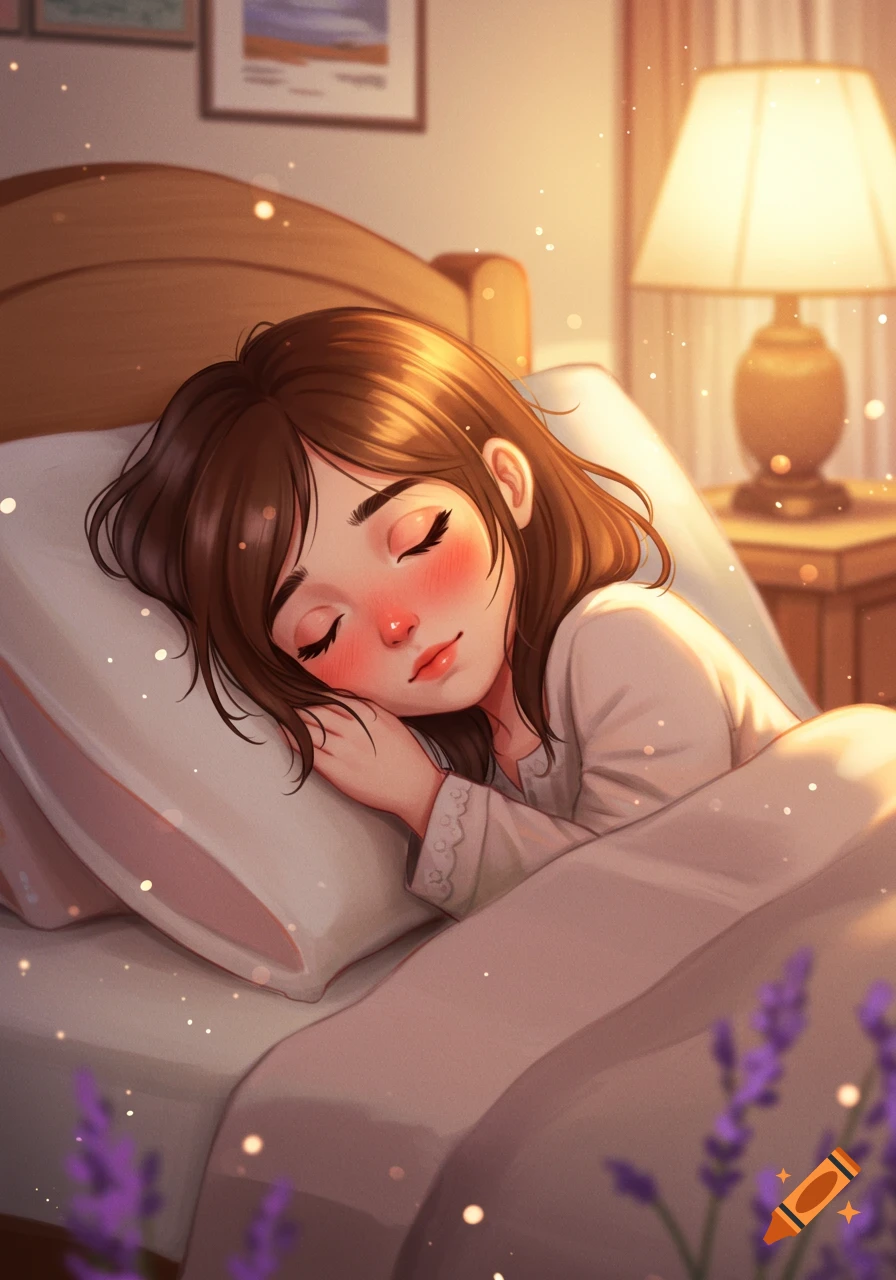 Illustration of a brown-haired girl sleeping peacefully in a cozy bed with warm light.