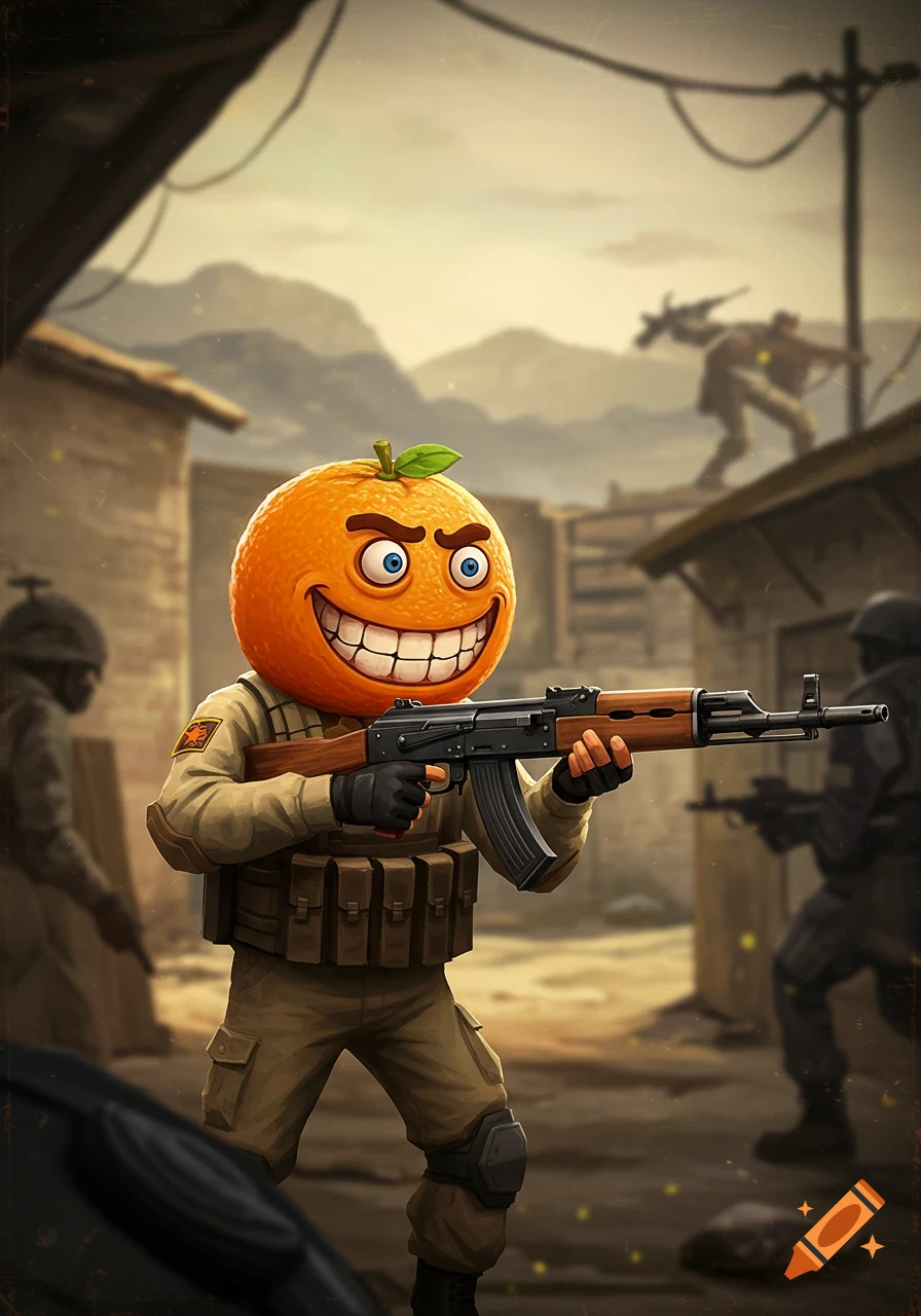 An anthropomorphic orange character with a wide grin, wearing military gear and holding an assault rifle in a gritty warzone.