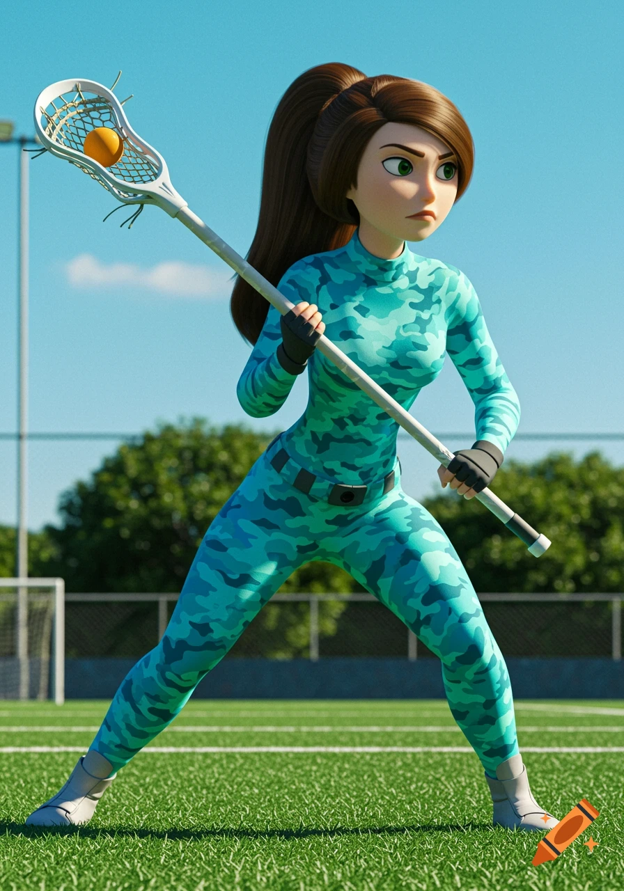 Cartoon woman in cyan camo suit playing lacrosse on a field.