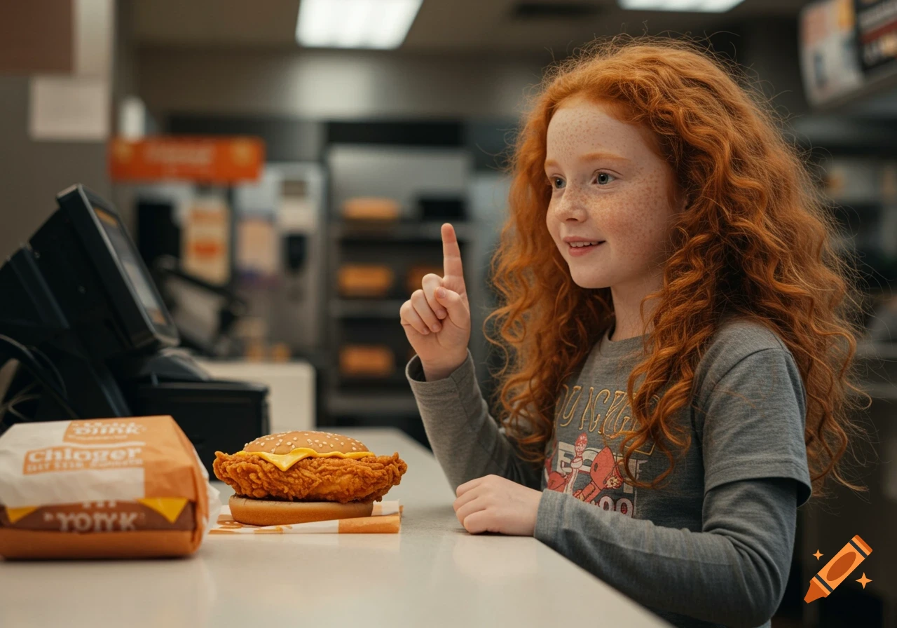 Ginger girl ordering a fast food chicken sandwich in a restaurant