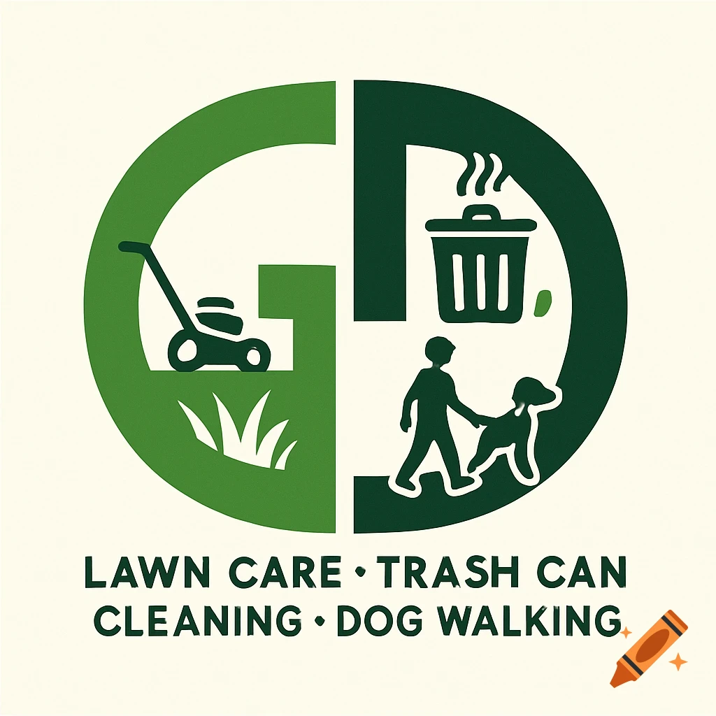 Green and white logo for lawn care, trash can cleaning, and dog walking services with corresponding icons and text.