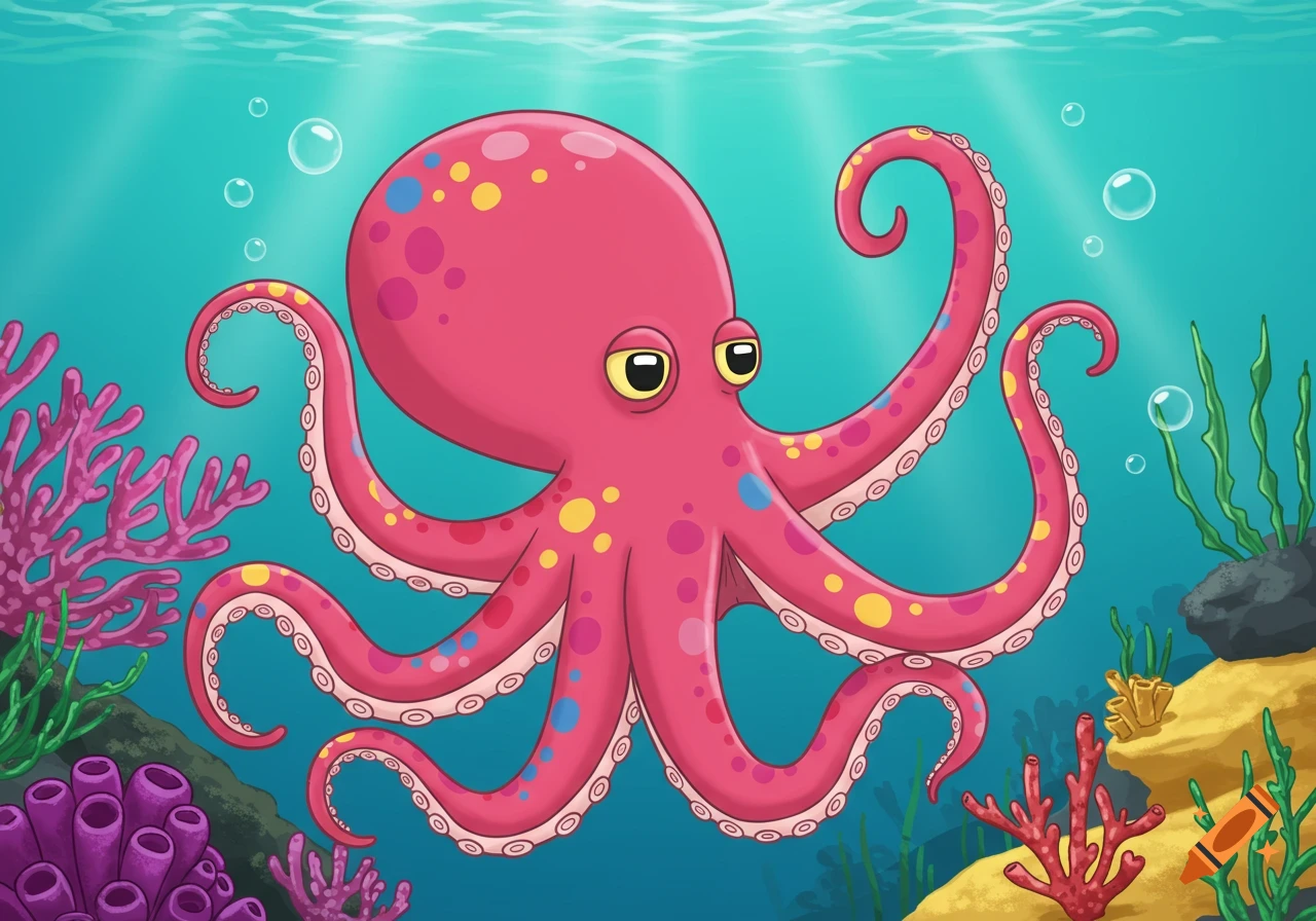 A cute cartoon pink octopus with colorful spots swims underwater.