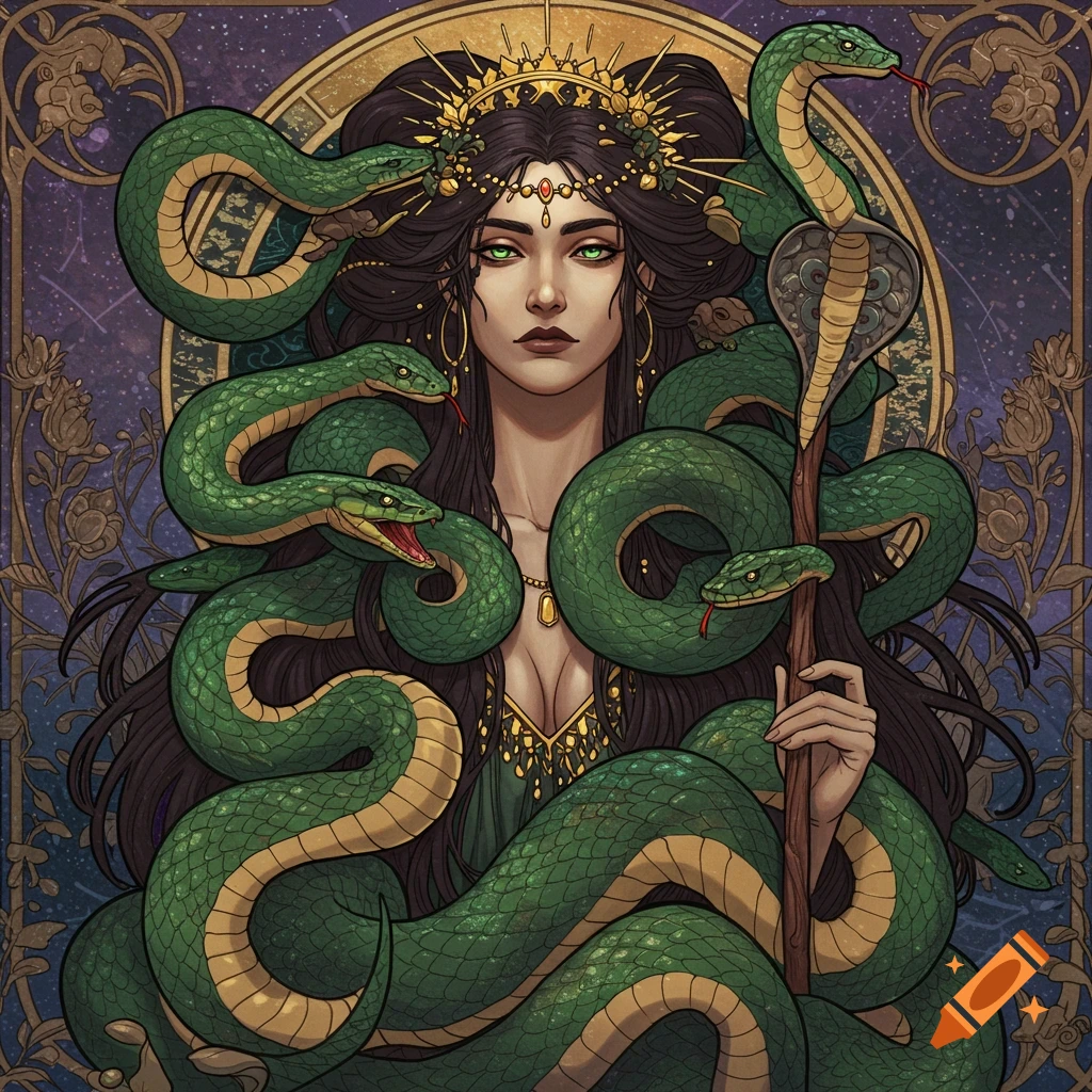 A stylized illustration of a goddess with long dark hair, wrapped in large green snakes, holding a staff.
