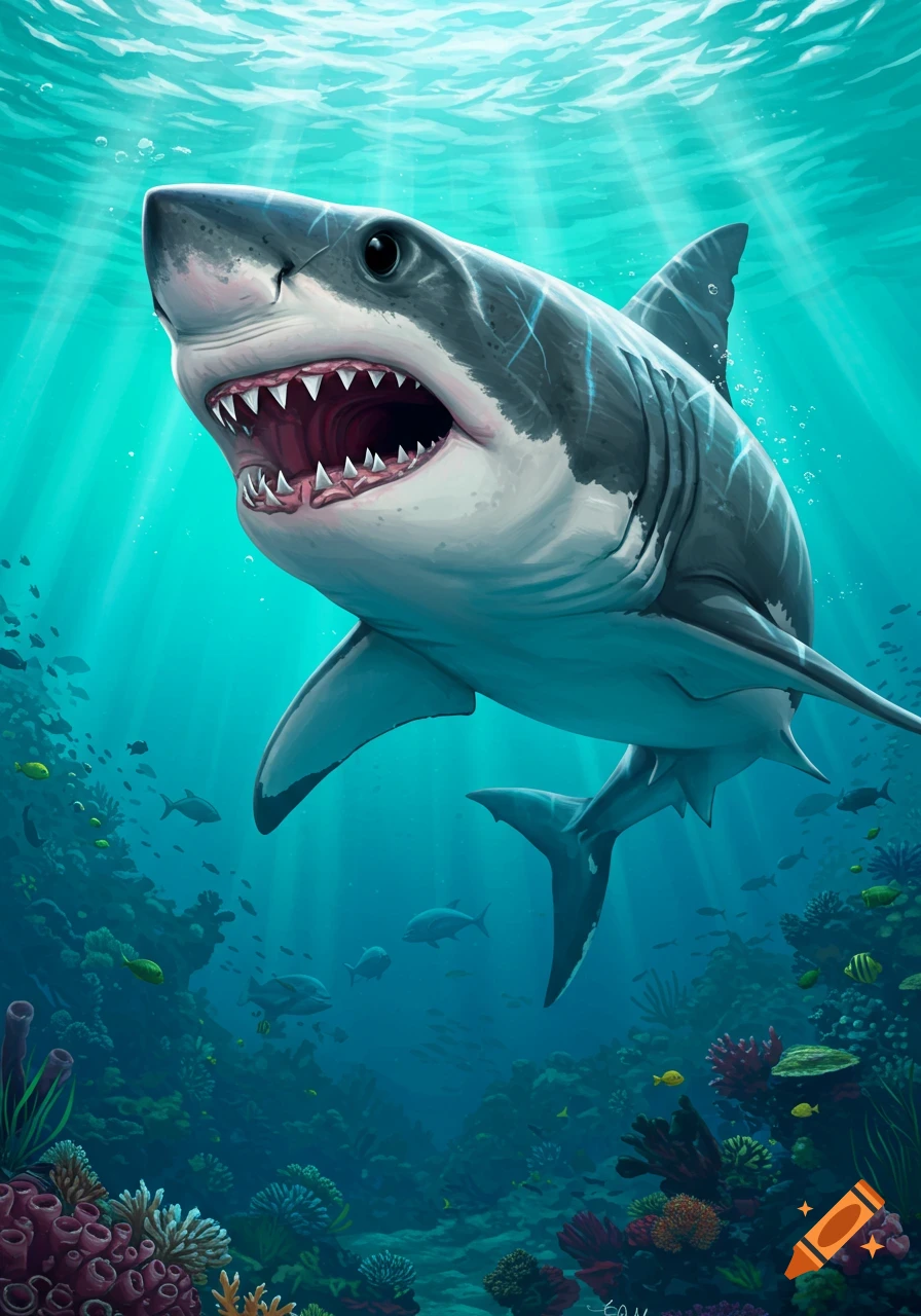 Illustrative close-up of a great white shark swimming over a coral reef.