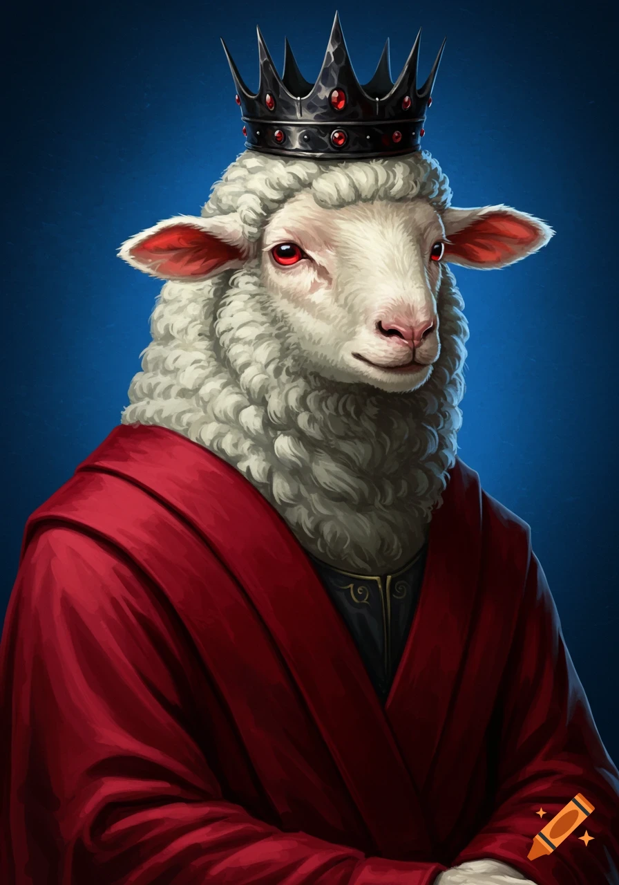 An anthropomorphic sheep wearing a black crown with red gems and a red robe. Digital painting.