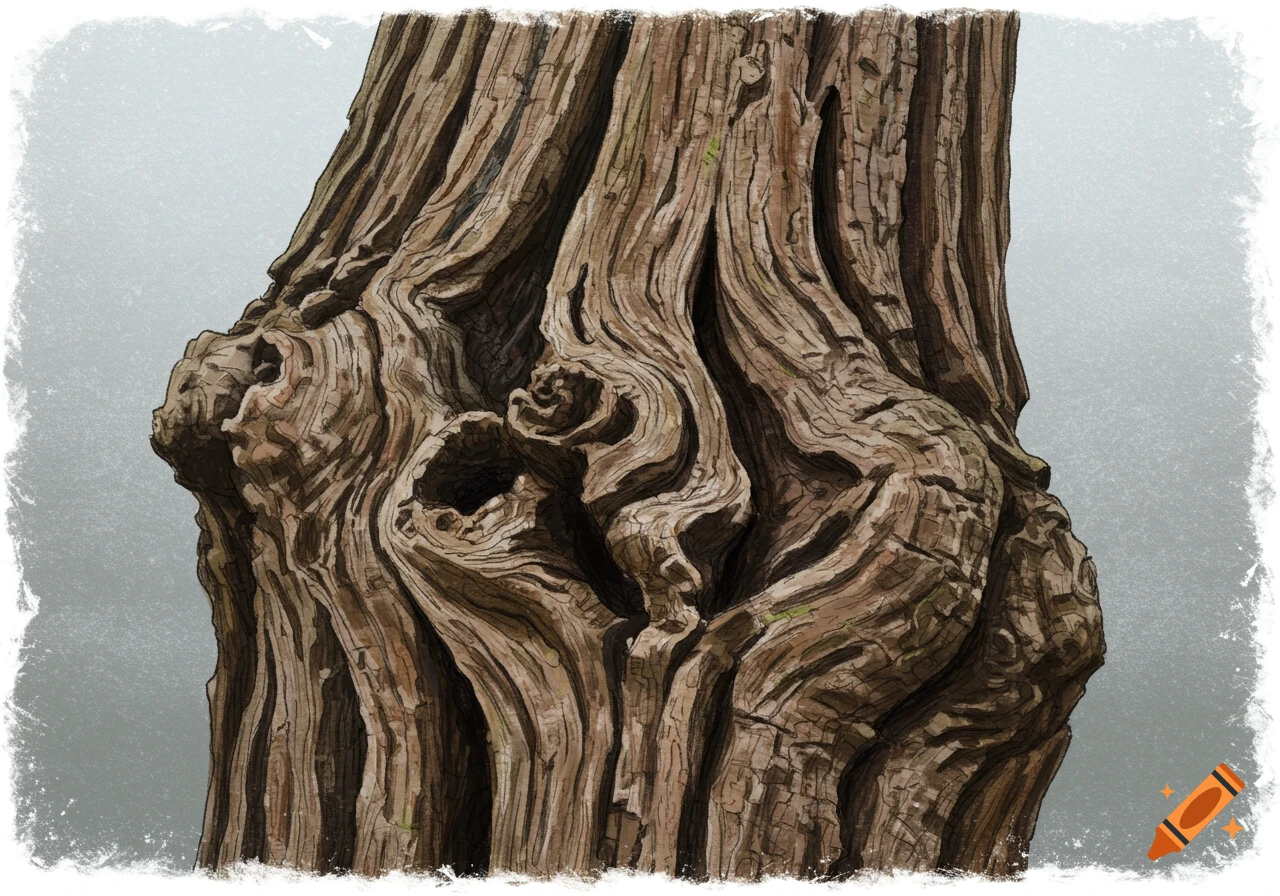 Close-up pencil drawing of an old, gnarled tree trunk with detailed bark.