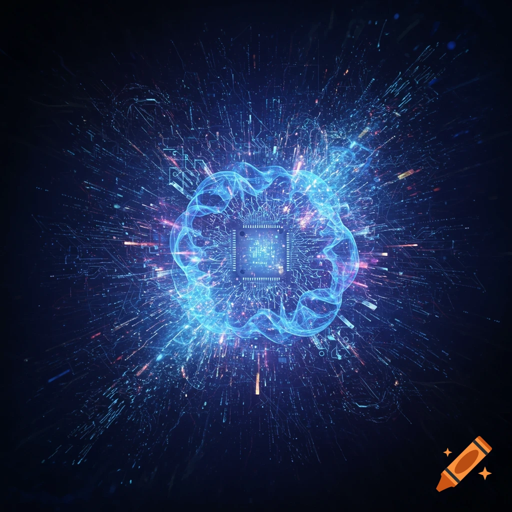 Abstract digital art of glowing blue brain-like circuit core radiating light on a dark background.