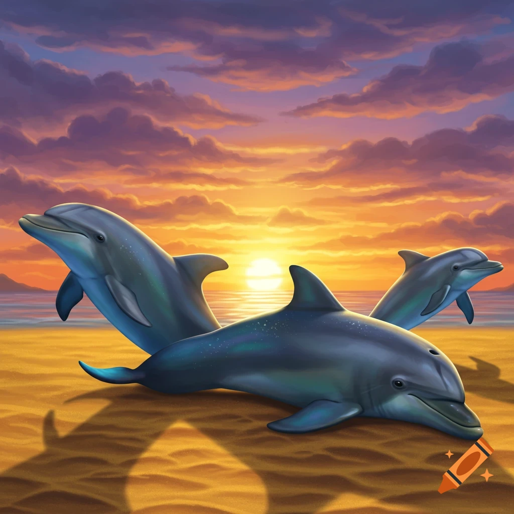 Three dolphins on a beach during a sunset, illustration.