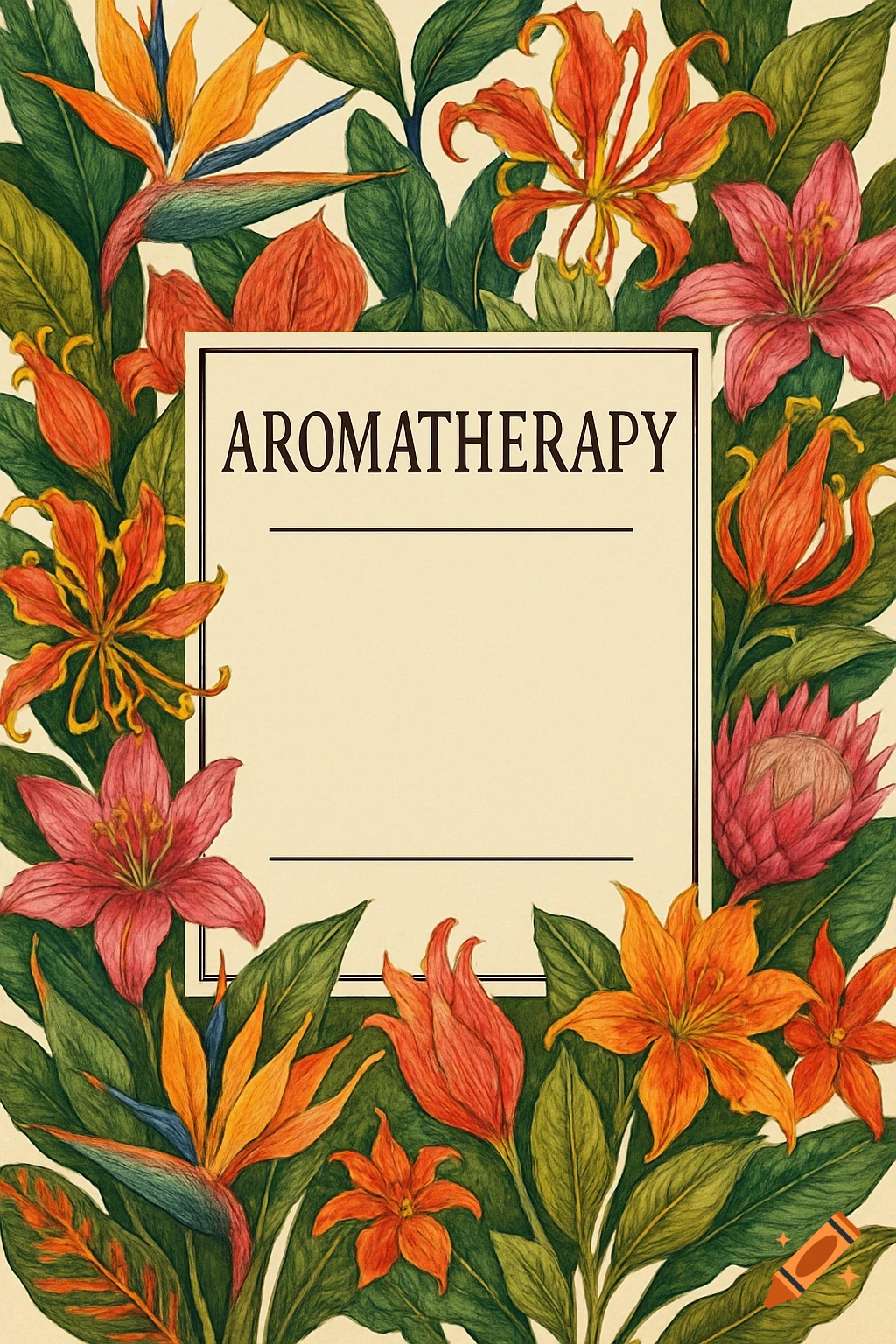 Botanical illustration of exotic flowers framing a space with the text AROMATHERAPY