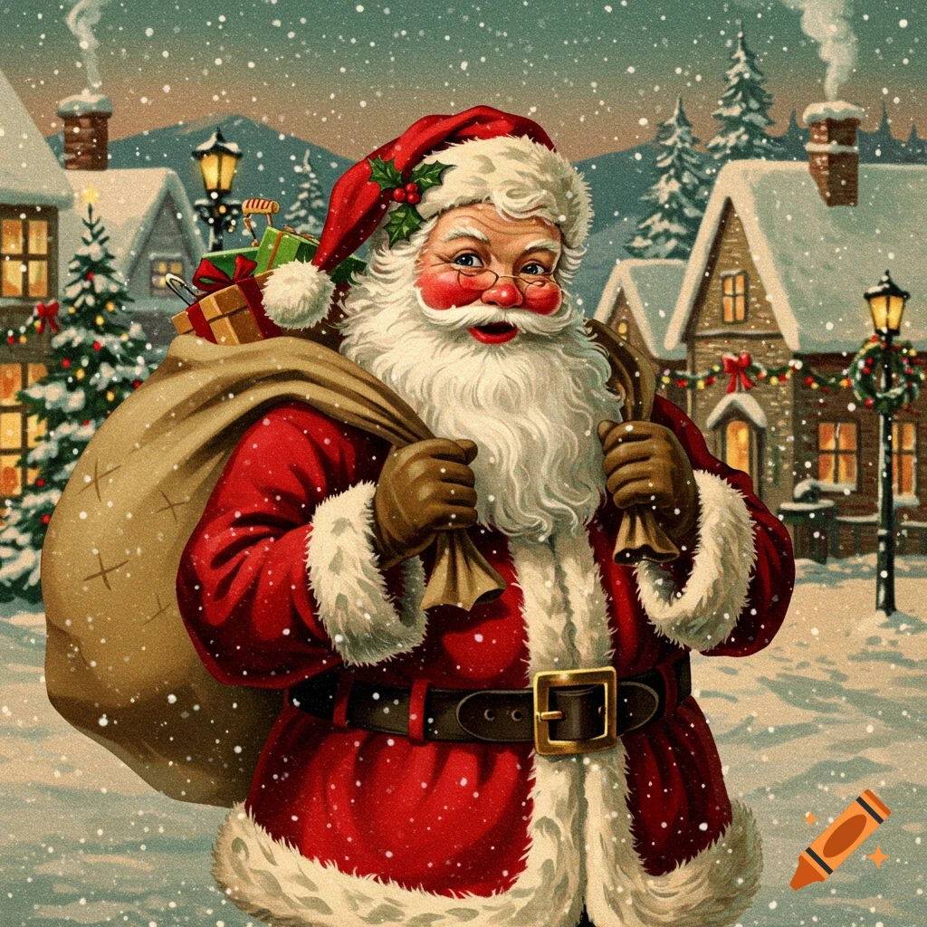 A vintage illustration of Santa Claus in a snowy village carrying a large sack of presents.