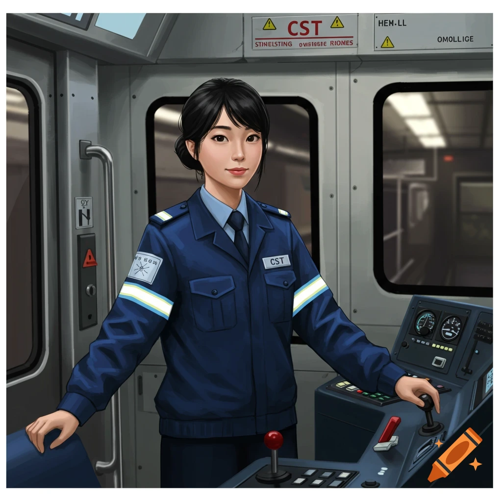 A woman in a dark blue uniform stands in a train cockpit holding a lever. Digital illustration.