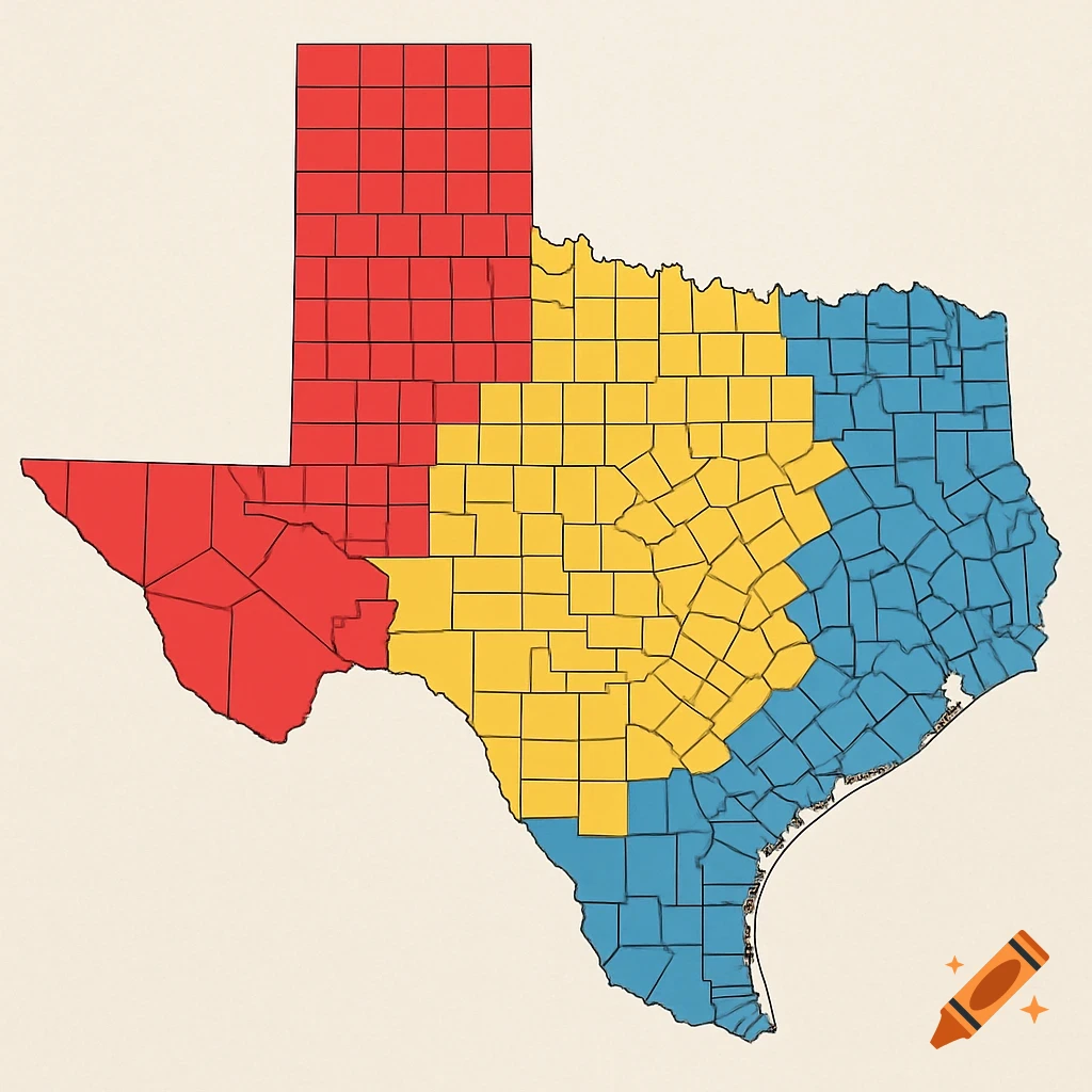 Map of Texas divided into red, yellow, and blue regions by county outlines.