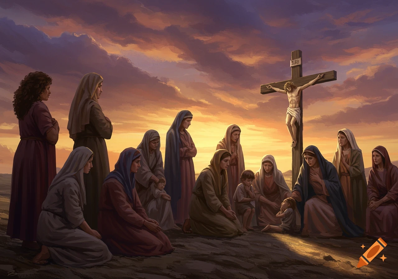 A group of women and children gather around the foot of the cross during the crucifixion, depicted in a painterly style with a dramatic sunset sky.