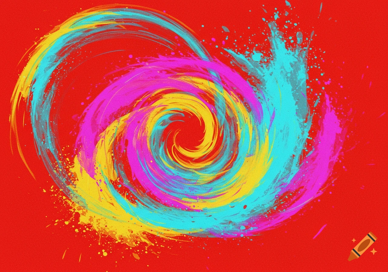 Chaotic swirls of magenta, cyan, and yellow paint with splatters on a red background, abstract style.