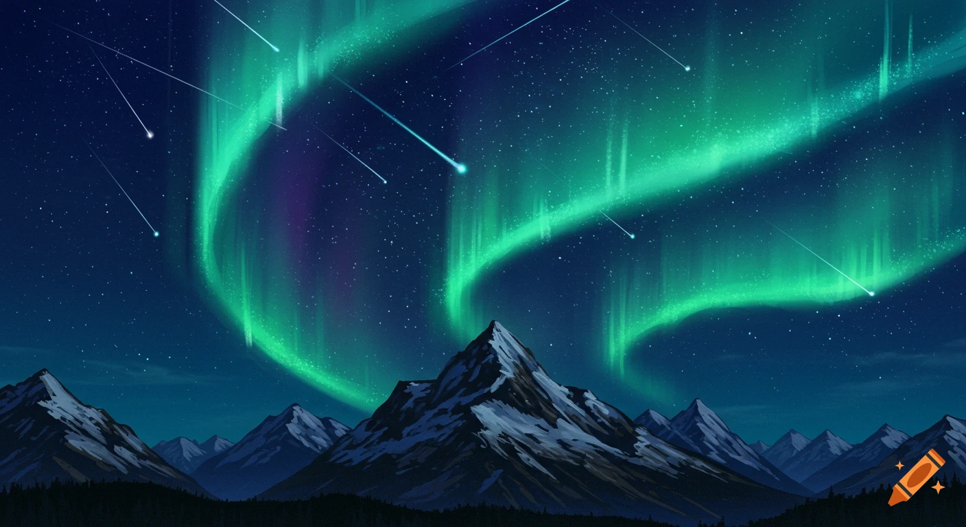 Green Northern Lights and shooting stars over snow-capped mountains and trees at night.