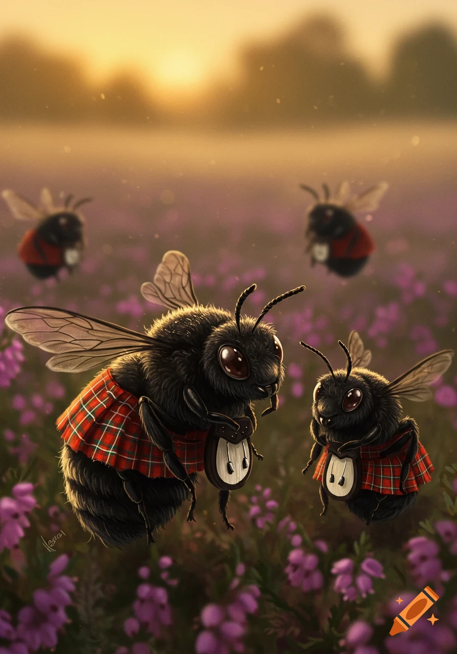 Fuzzy bees in tartan kilts fly over a field of purple flowers at sunset.