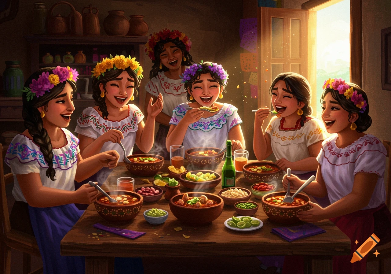 A vibrant illustration of Mexican women in traditional clothing laughing and eating at a table filled with food.