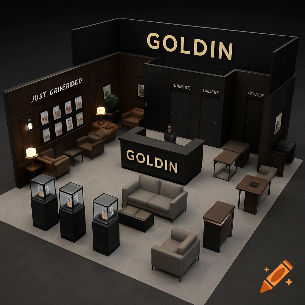 Modern trade show booth with reception desk, seating areas, and display cases.