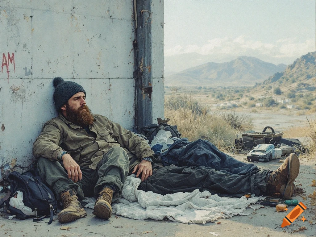 Bearded man in beanie and jacket sits leaning against a wall outdoors in a desolate landscape
