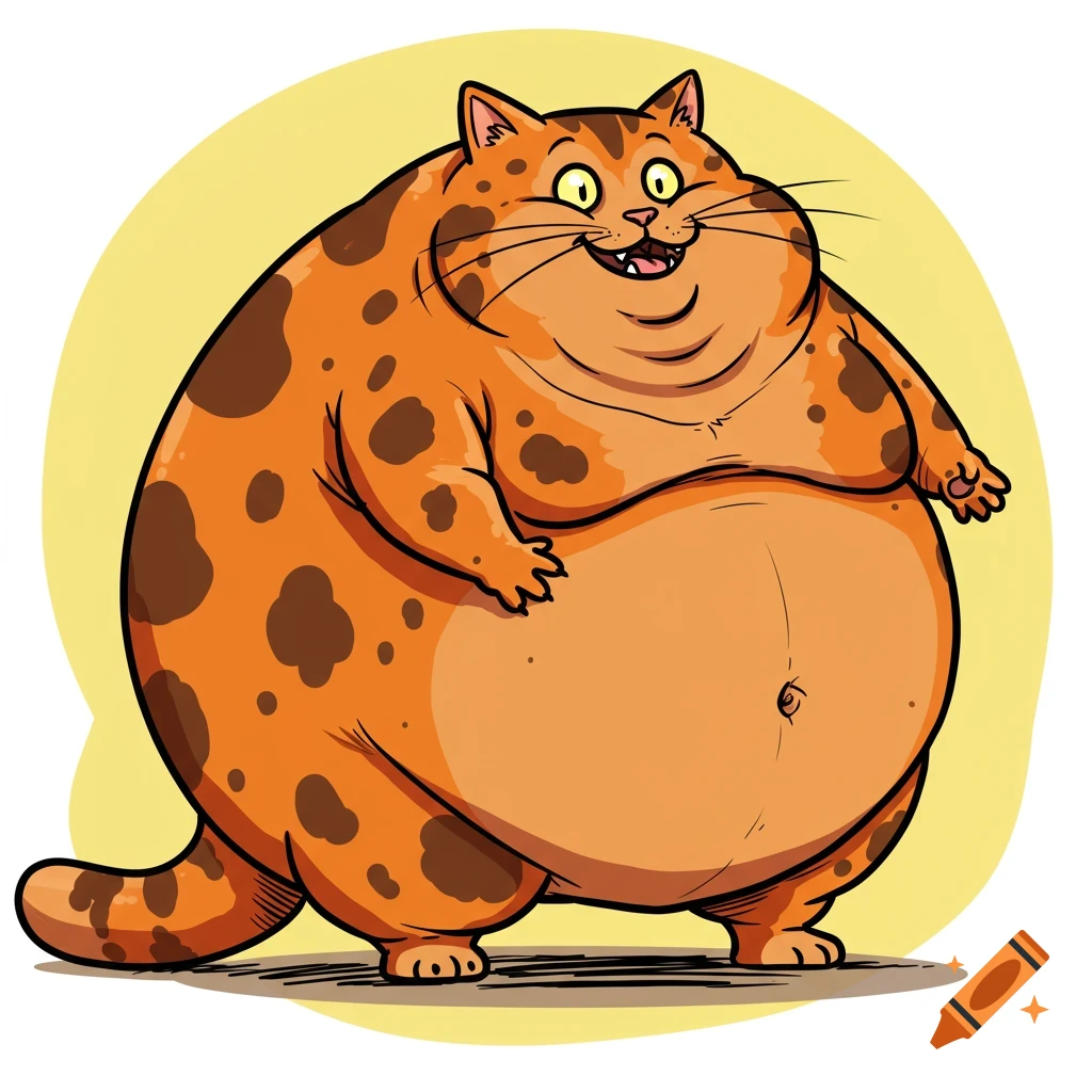 Funny cartoon drawing of an obese orange cat with brown spots standing and smiling.