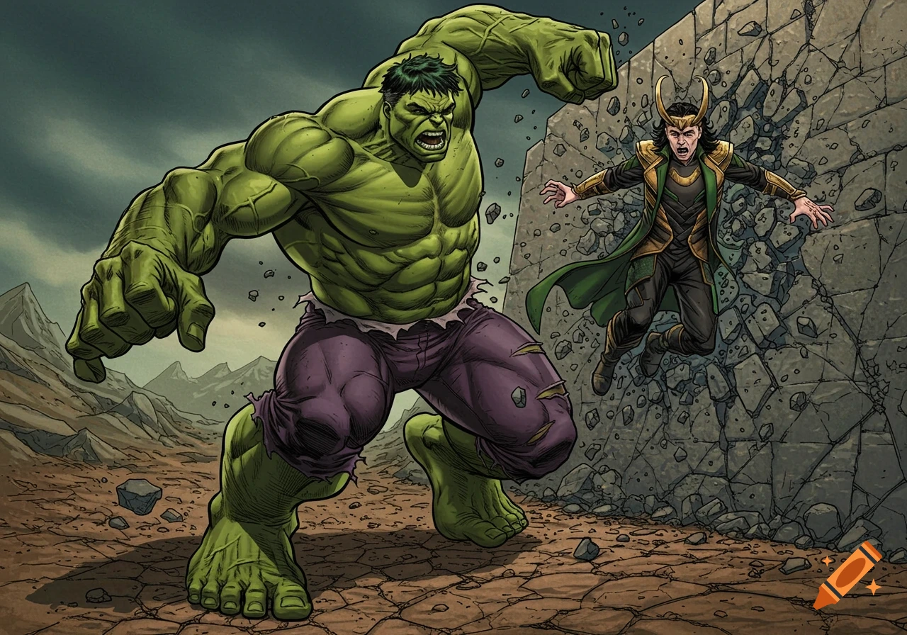 Hulk punches Loki who flies backward into a crumbling wall in a comic book illustration style