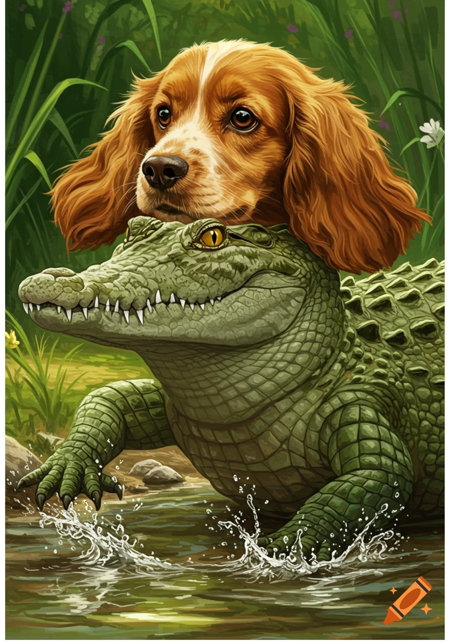Illustration of a cocker spaniel head on a crocodile body in a jungle stream.