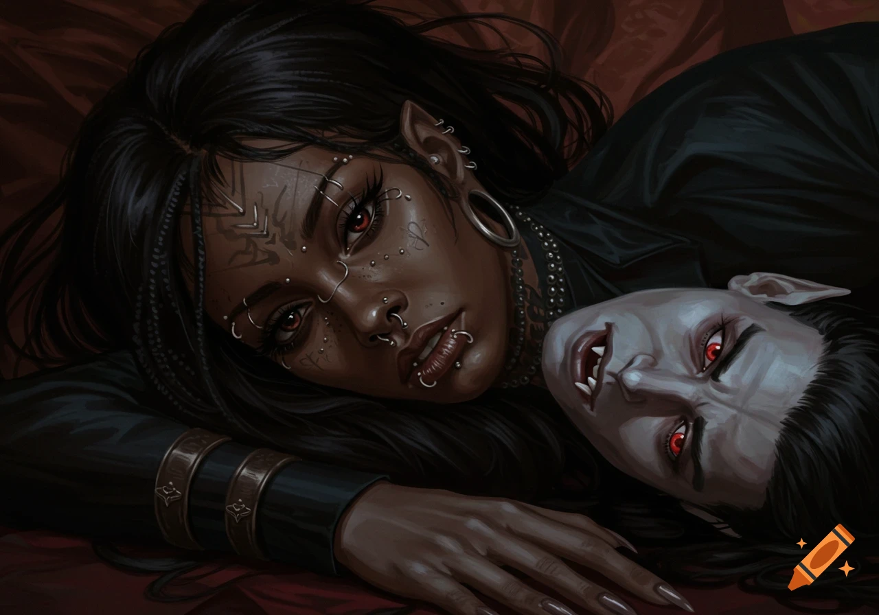 Gothic woman with piercings and tattoos lies with a vampire, both with red eyes, in a dark, dramatic portrait.