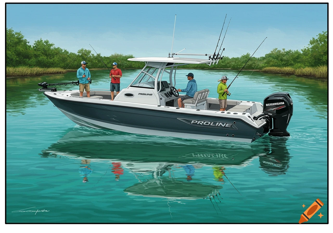 An illustration shows four people fishing from a boat on a river.