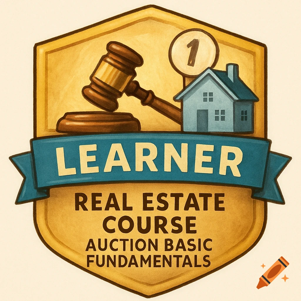 Gold shield badge with blue banner showing a gavel, house, and number 1, with text 'Learner Real Estate Course Auction Basic Fundamentals'.