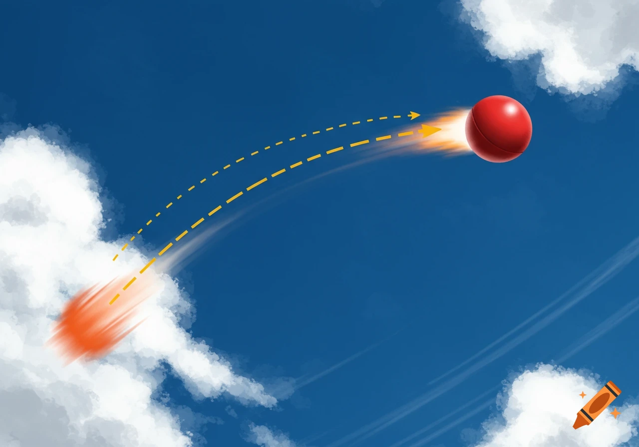 An illustration of a red ball moving through a blue sky with white clouds, showing its parabolic trajectory with dashed yellow lines and arrows.