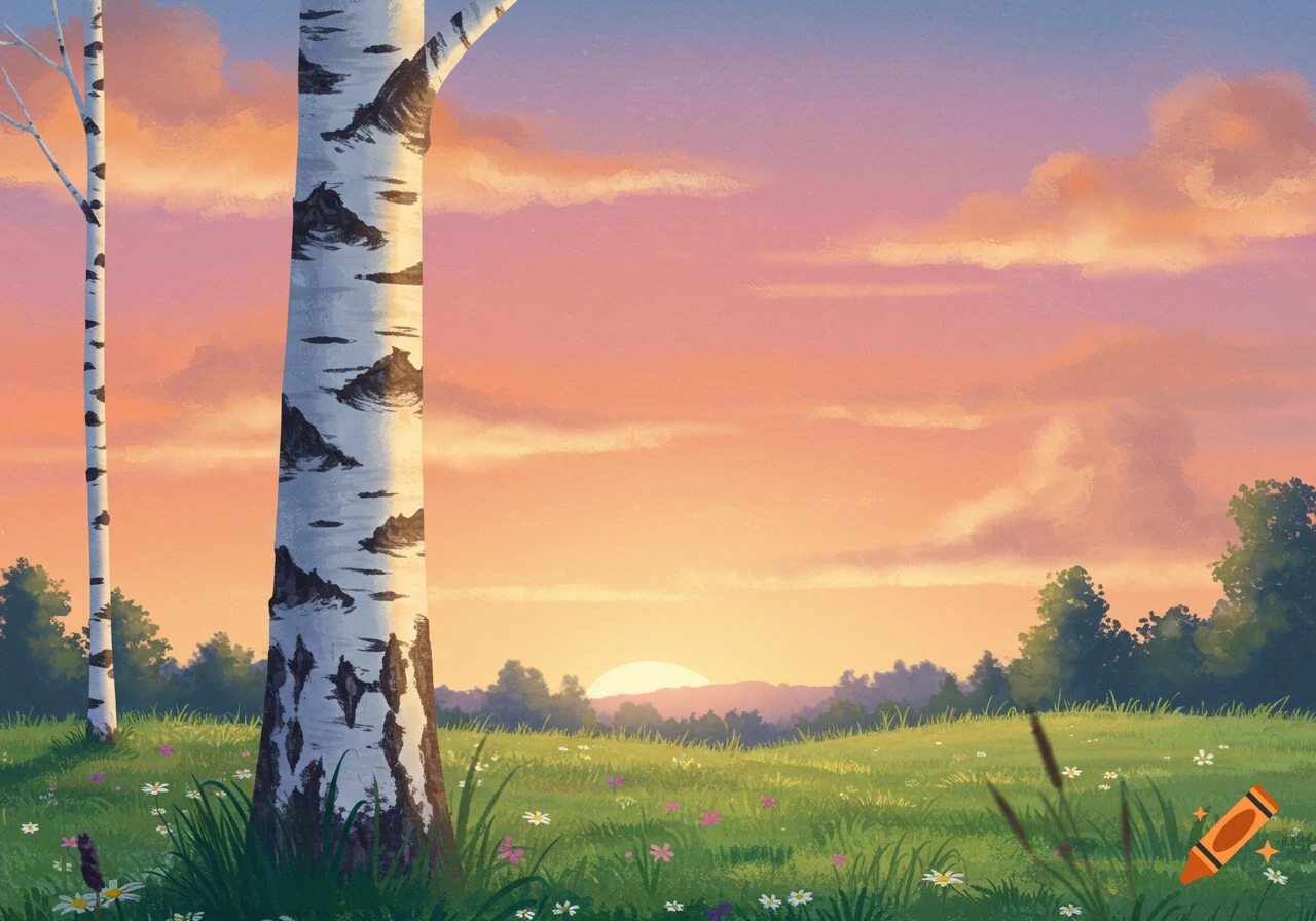 Stylized landscape painting of birch trees in a field during sunset.