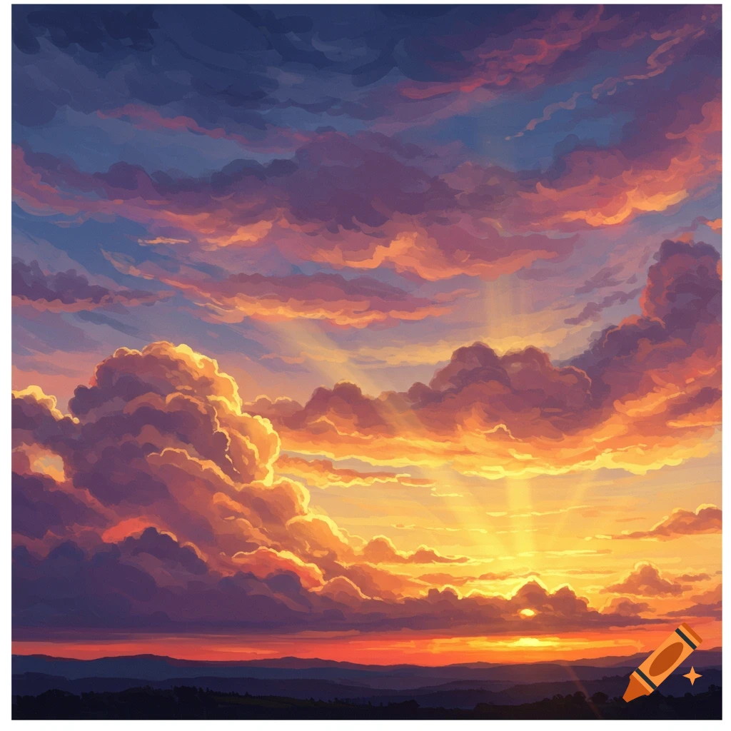 Painterly sunset sky with dramatic clouds and sun rays.