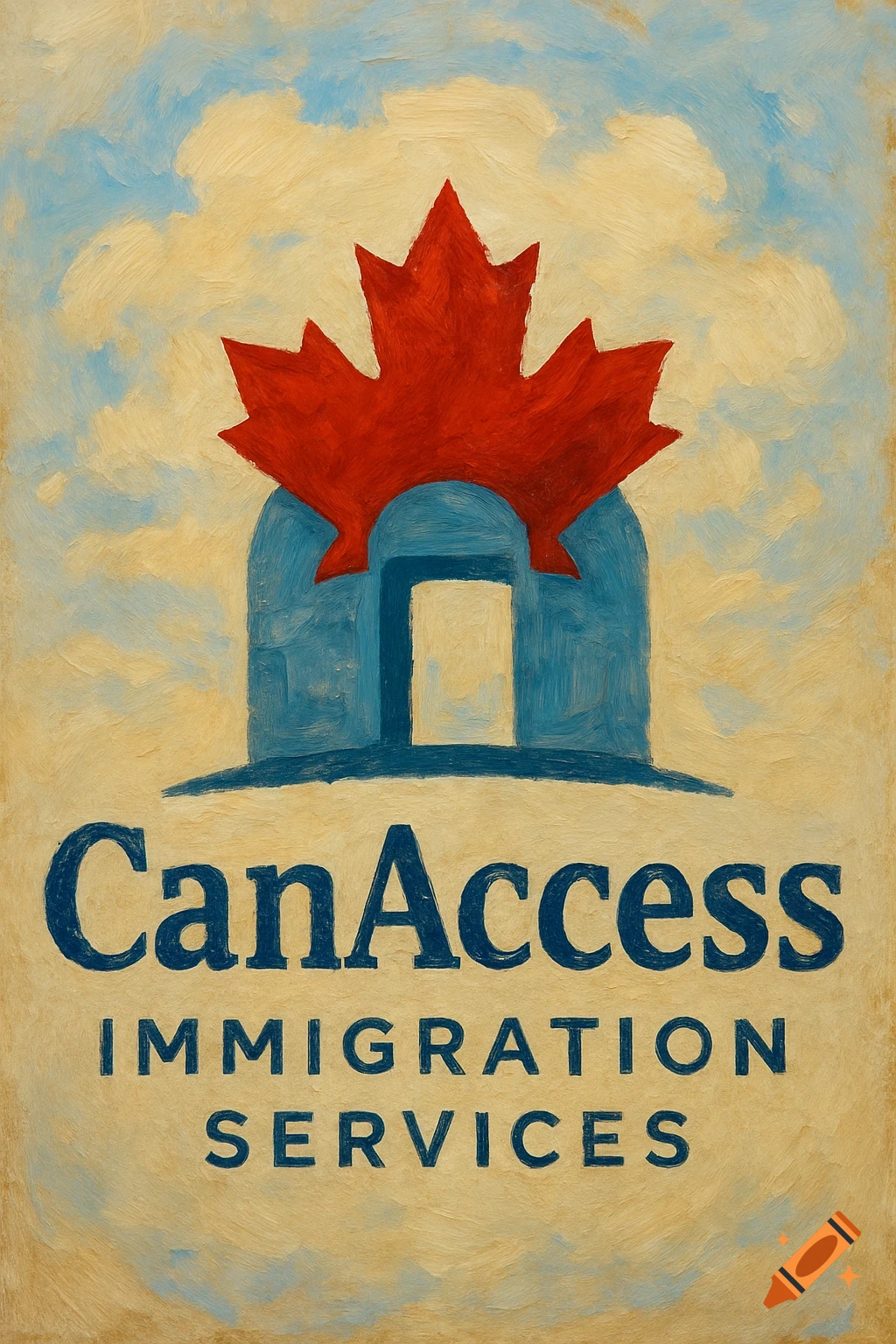 Painterly logo with a red maple leaf over a blue shape and 'CanAccess Immigration Services' text.