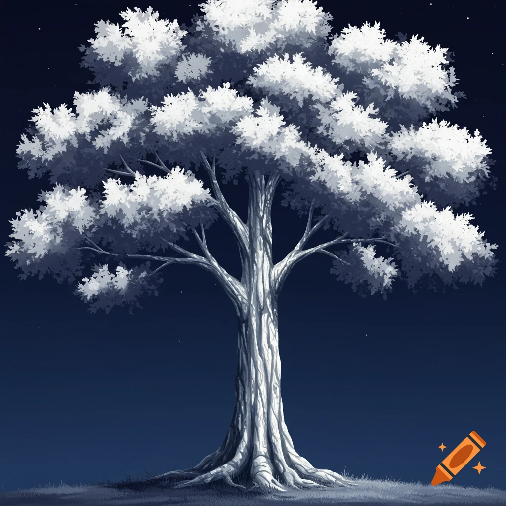 A stylized tree with white leaves and a silver trunk against a dark blue night sky.