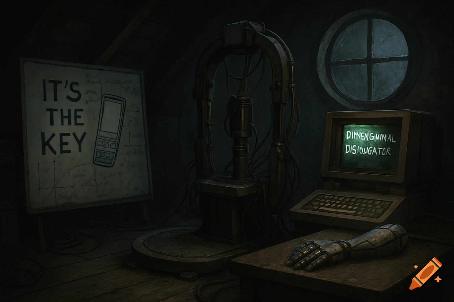 A dimly lit attic laboratory with machinery, a computer, whiteboard, and prosthetic arm.