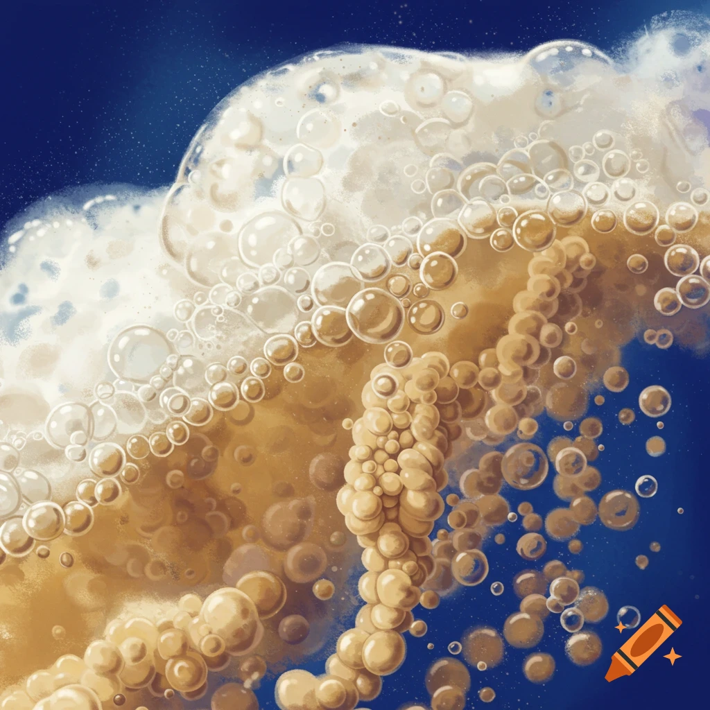 Close-up abstract illustration of foam and bubbles in a golden liquid against a blue background.