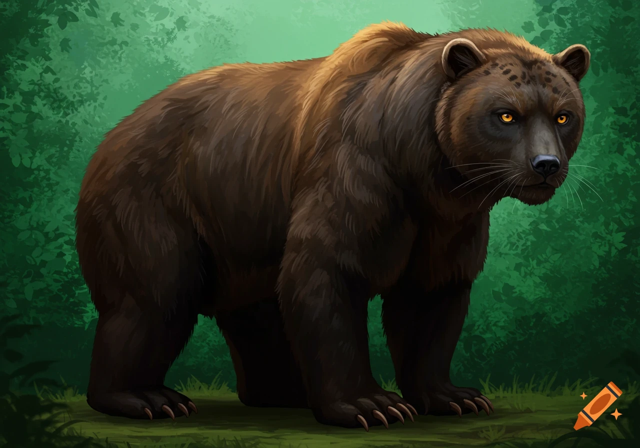 A drawing of a brown bear hybrid with panther spots in a forest.
