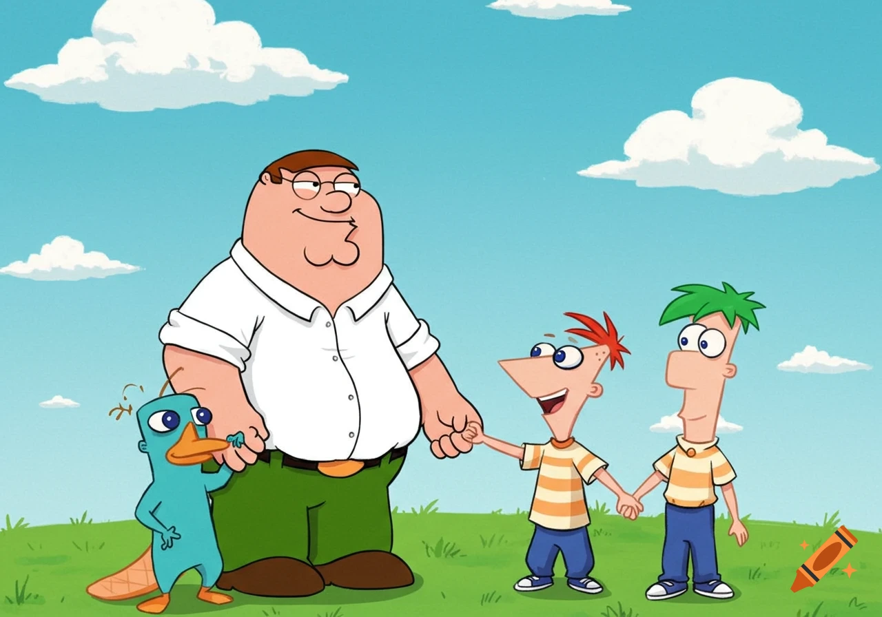 Peter Griffin, Perry the Platypus, Phineas, and Ferb holding hands in a cartoon style.