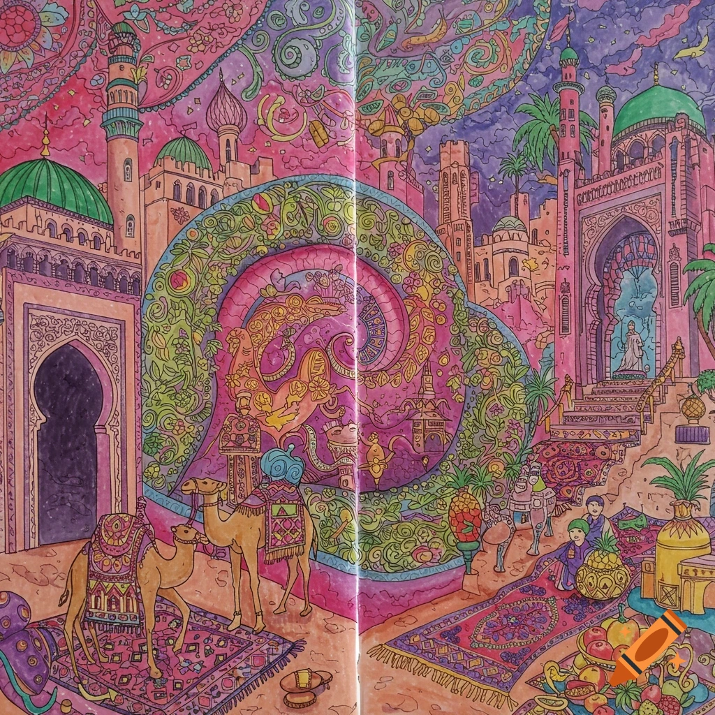 Colorful adult coloring page illustration of an Arabian city scene with buildings, camels, people, carpets, and fruit.