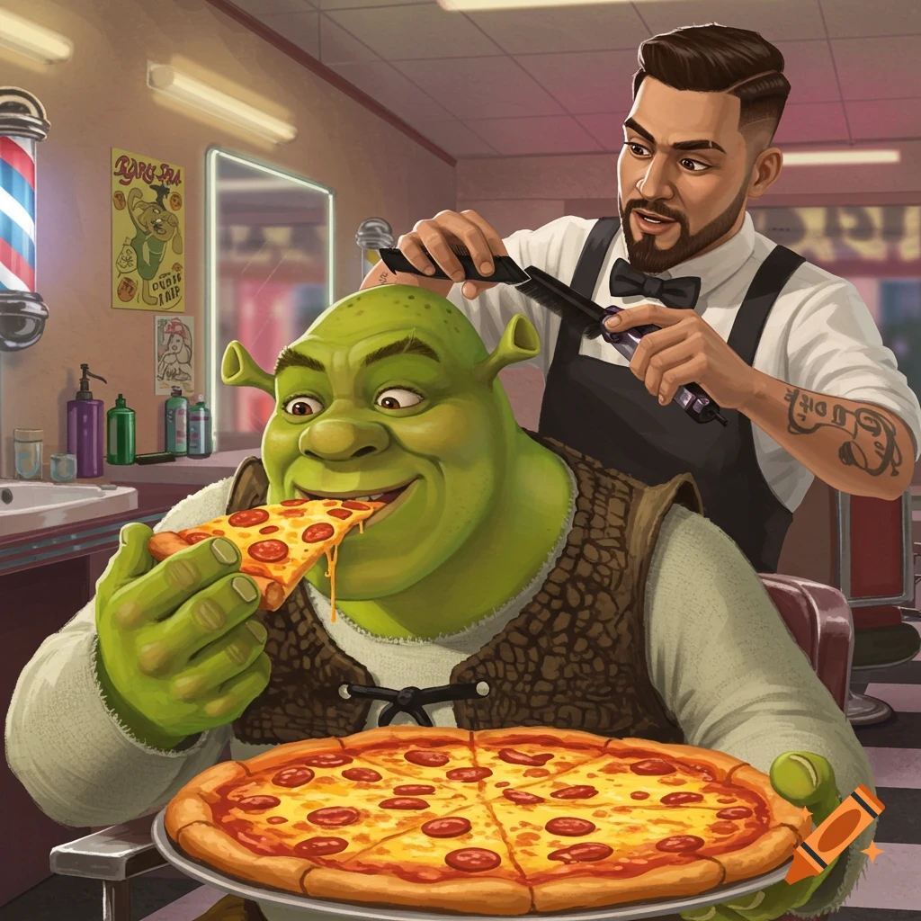 Shrek sits in a barbershop chair eating a slice of pizza while a barber gives him a haircut.