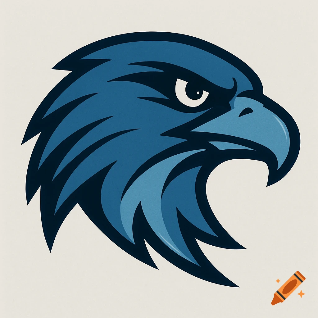 A stylized blue hawk or eagle head logo looking right.