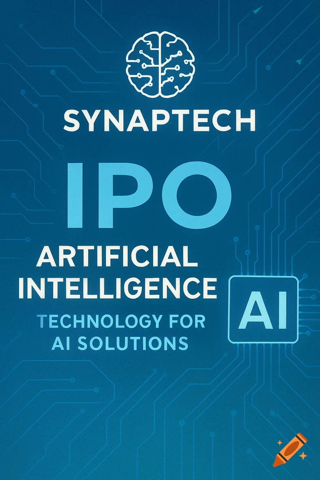 SYNAPTECH IPO poster for Artificial Intelligence Technology, featuring a brain logo on a circuit board background.